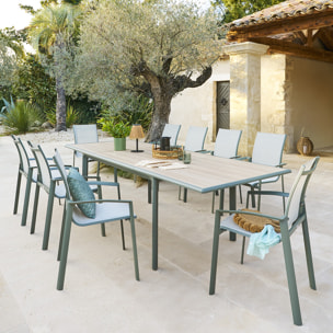 Table de jardin "Dilors" effet bois lin & vert laurier 10 places en aluminium