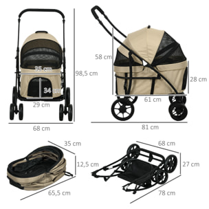Carrito para Perros 2 en 1 Cochecito para Perros Pequeños Plegable con 2 Correas de Seguridad 2 Bolsillos Laterales Cojín Lavable y Ruedas Universales Carga 15 kg Caqui
