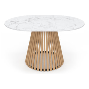 Table à manger ronde extensible Camélia effet marbre blanc et pied lattes Ø110-150cm