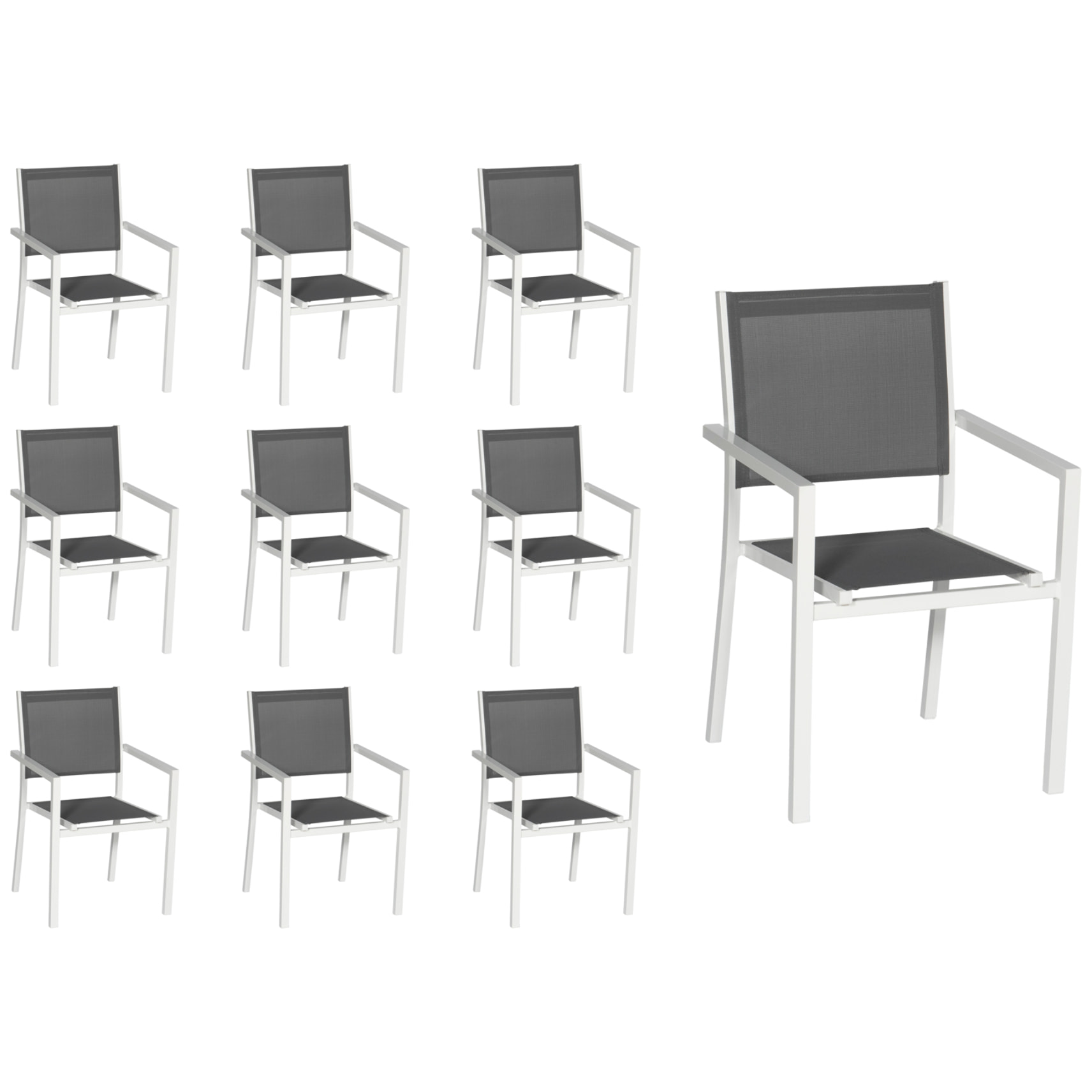 Lot de 10 chaises en aluminium blanc - textilène gris