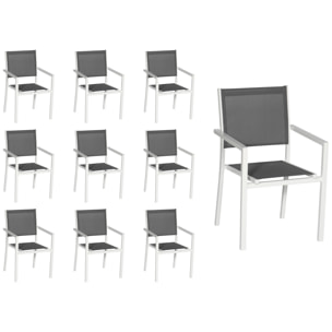 Lot de 10 chaises en aluminium blanc - textilène gris