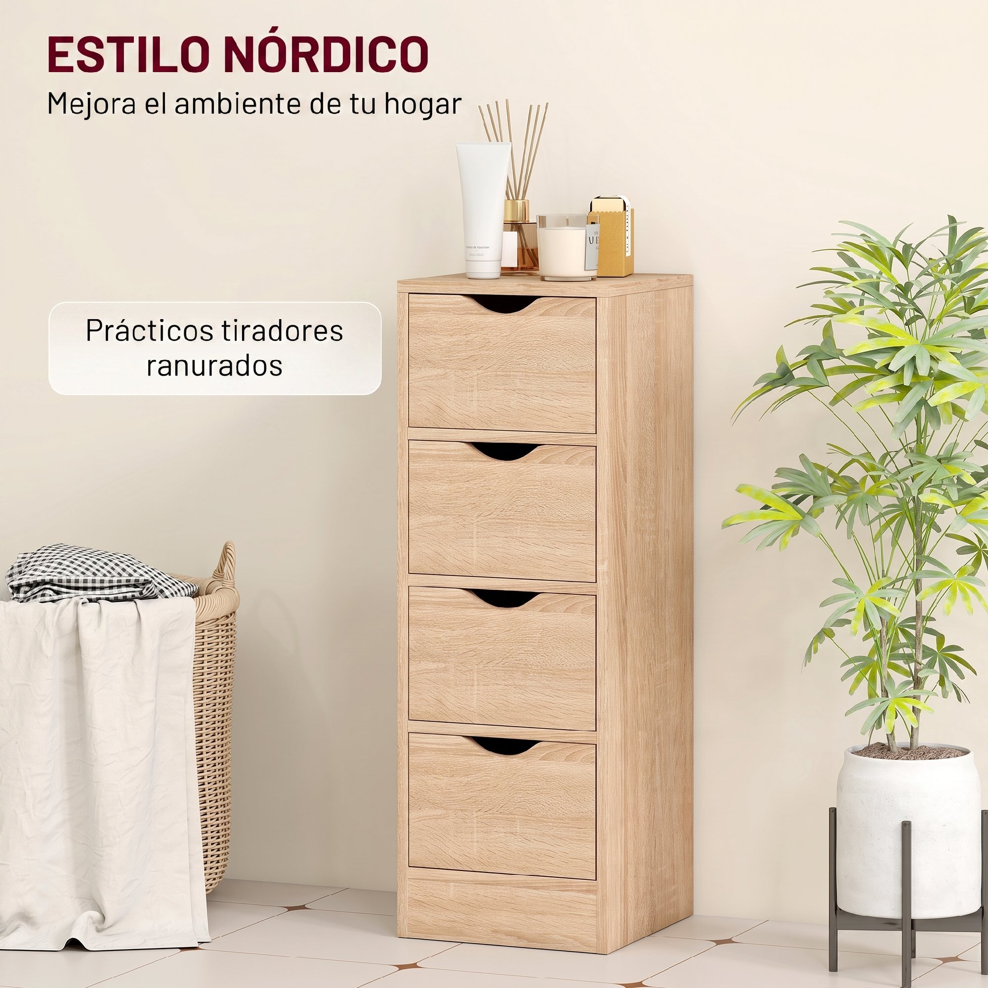 Armario de Baño Estrecho, Mueble Auxiliar de Baño con 4 Cajones y Asas Ranuradas, para Espacios Reducidos, 29x29x83 cm, Madera Natural