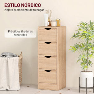 Armario de Baño Estrecho, Mueble Auxiliar de Baño con 4 Cajones y Asas Ranuradas, para Espacios Reducidos, 29x29x83 cm, Madera Natural