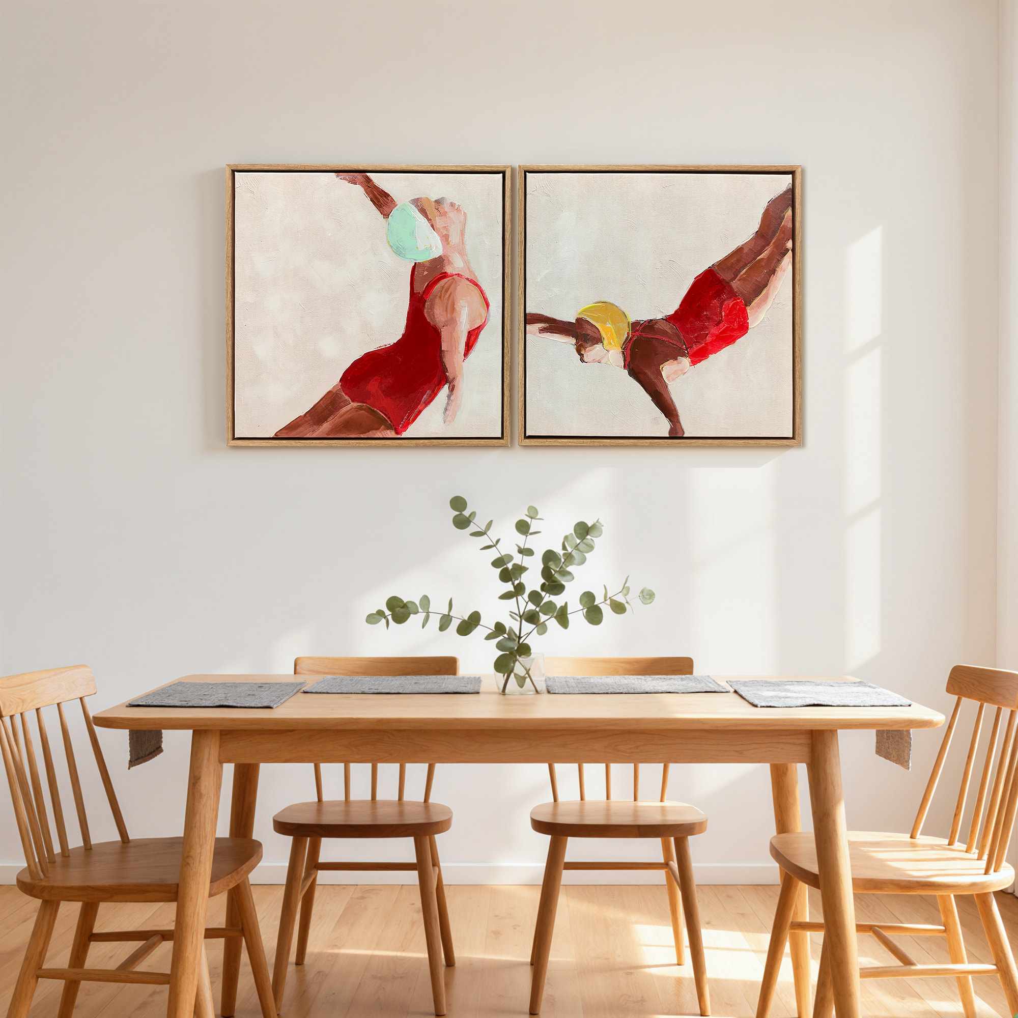 Cuadros en Lienzo de Figuras Dinámicas a Mano, 40x40 cm, 2 Piezas, Cuadros de Arte de Pared Enmarcados, Decoración Moderna para Dormitorio, Salón, Cocina, Rojo