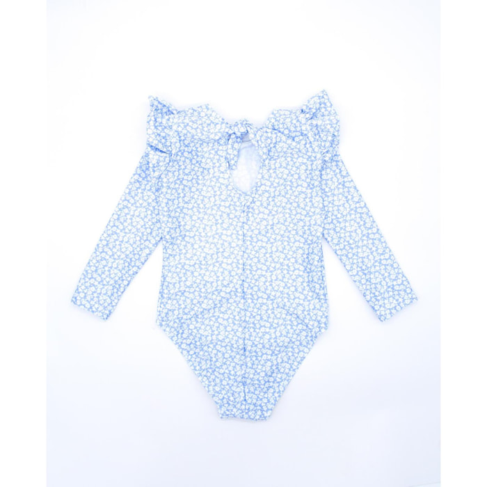 Bañador de manga larga de flor azul celeste, con volantes.