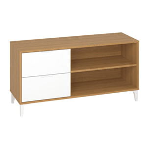 Mueble TV NORDIC - 2 cajones y estante - nogal y blanco - 117x40x58cm