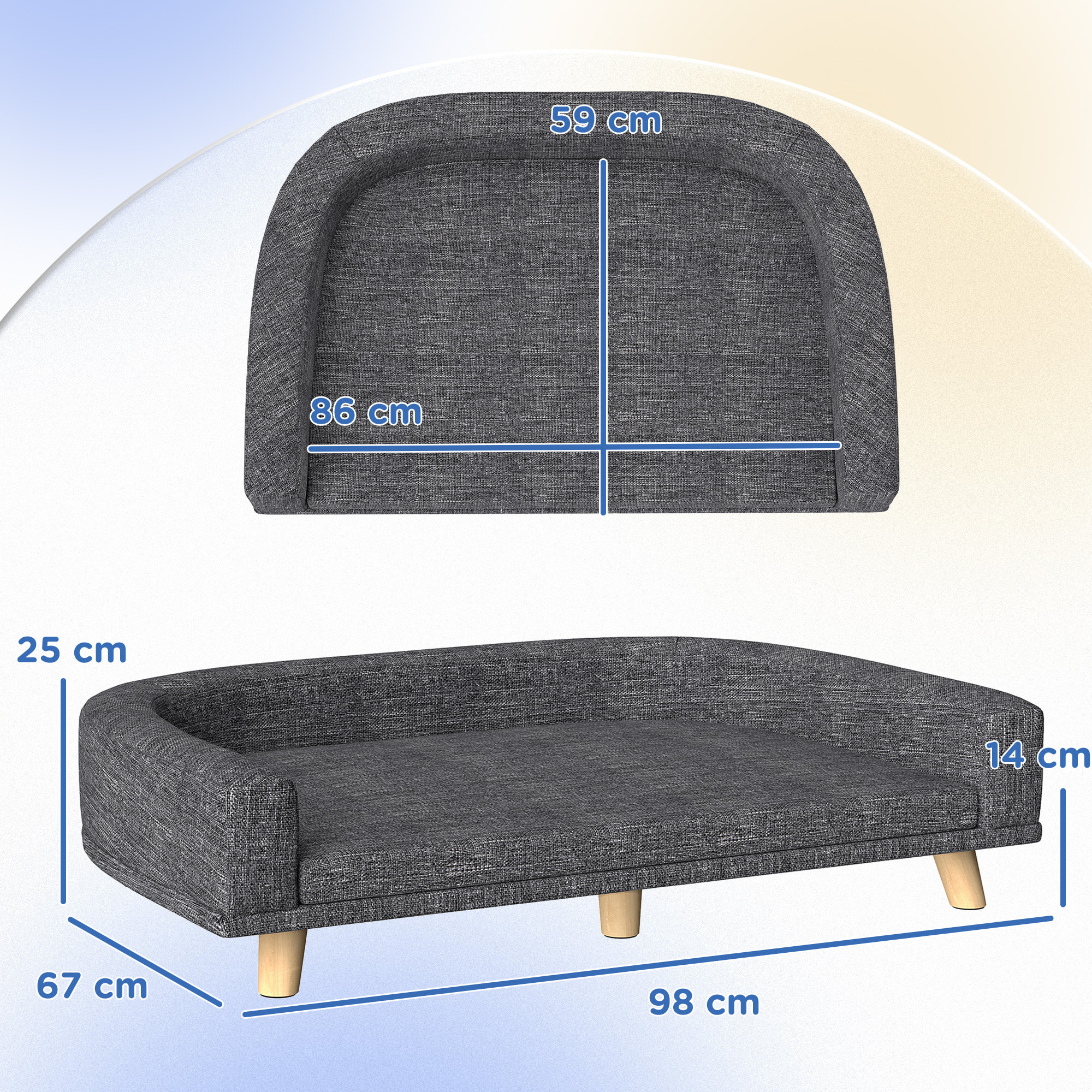 Canapé chien lit pour chien design scandinave coussin déhoussable dim 98L x 67l x 25H cm pieds bois tissu polyester anthracite