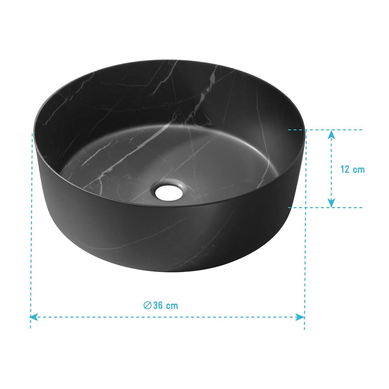 Vasque à poser ronde en céramique noire mat effet marbre 36x12 cm - BLACK MARBLE
