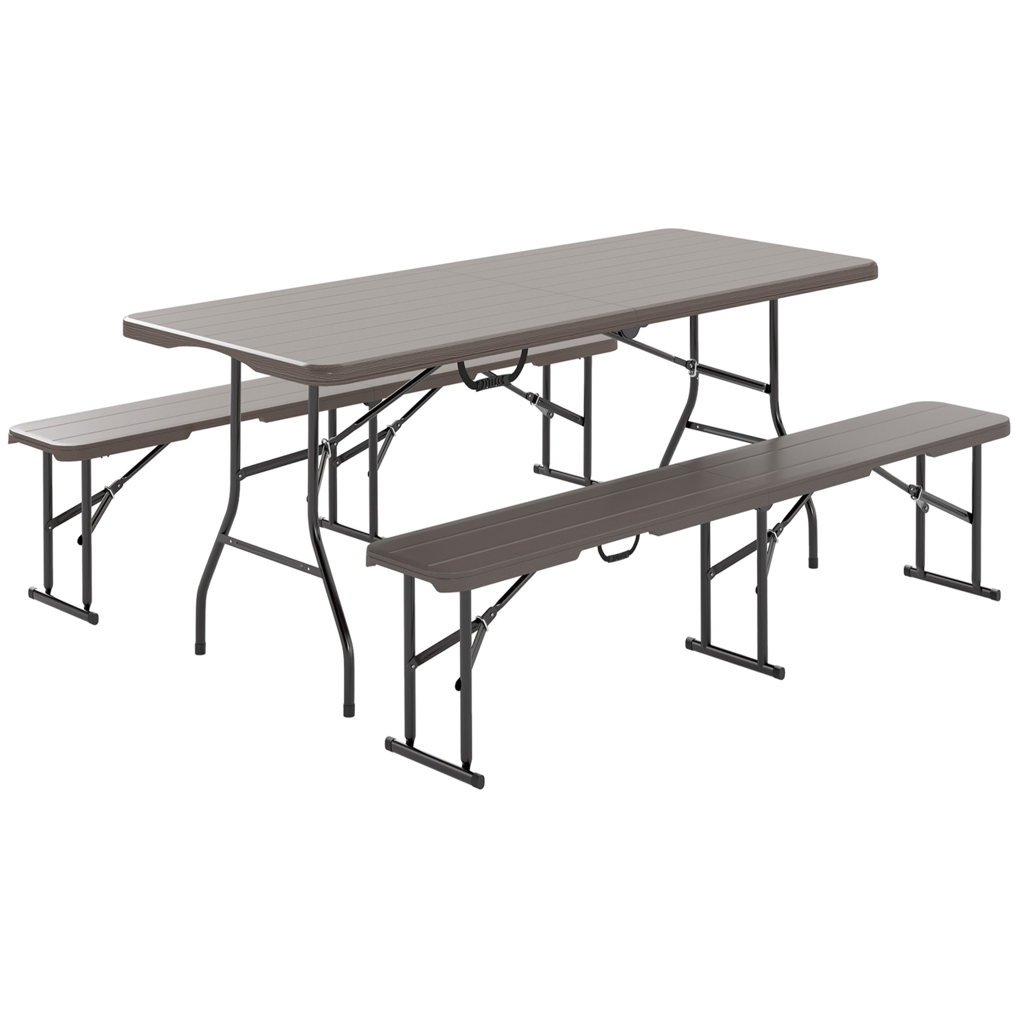 Conjunto de Camping Plegable de 3 Piezas Mesa Plegable Camping con Bancos Incluye 1 Mesa 180x74x74 cm y 2 Bancos Efecto Madera Impermeable para Acampadas Jardín Pícnic Marrón