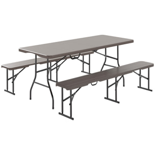 Conjunto de Camping Plegable de 3 Piezas Mesa Plegable Camping con Bancos Incluye 1 Mesa 180x74x74 cm y 2 Bancos Efecto Madera Impermeable para Acampadas Jardín Pícnic Marrón