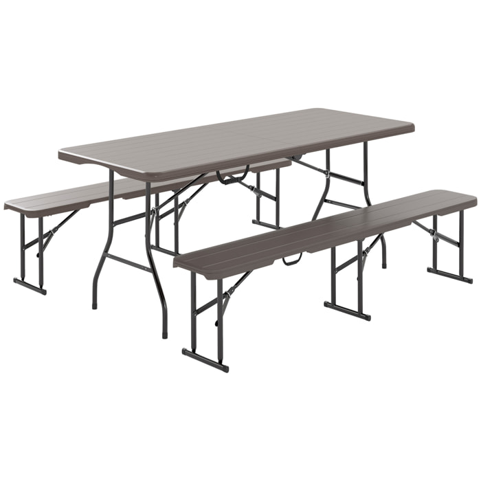 Conjunto de Camping Plegable de 3 Piezas Mesa Plegable Camping con Bancos Incluye 1 Mesa 180x74x74 cm y 2 Bancos Efecto Madera Impermeable para Acampadas Jardín Pícnic Marrón