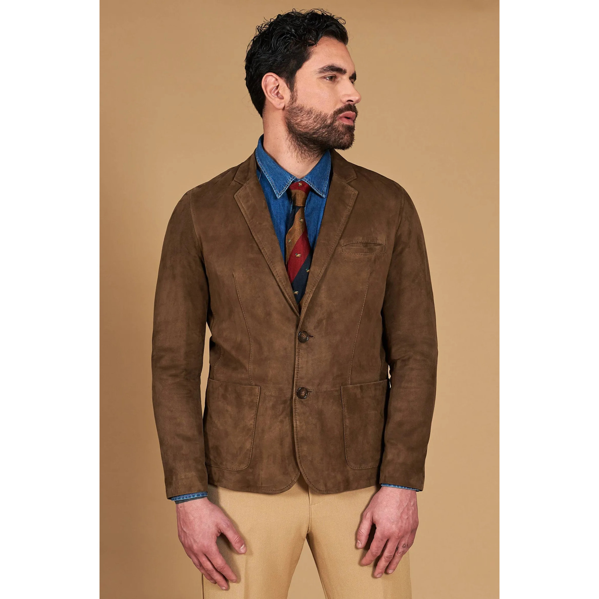 Blazer in pelle scamosciata color fango con due bottoni