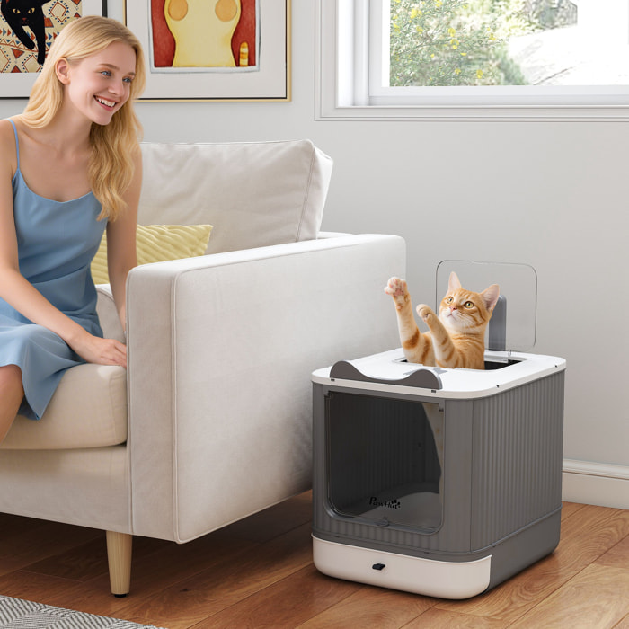 Arenero para Gatos Cubierto M, Caja de Arena para Gatos Medianos, Arenero con Tapa Abatible, Entrada Frontal, Salida Superior, Pala, Bolsas Desodorantes, Fácil de Limpiar, Antifugas, Blanco