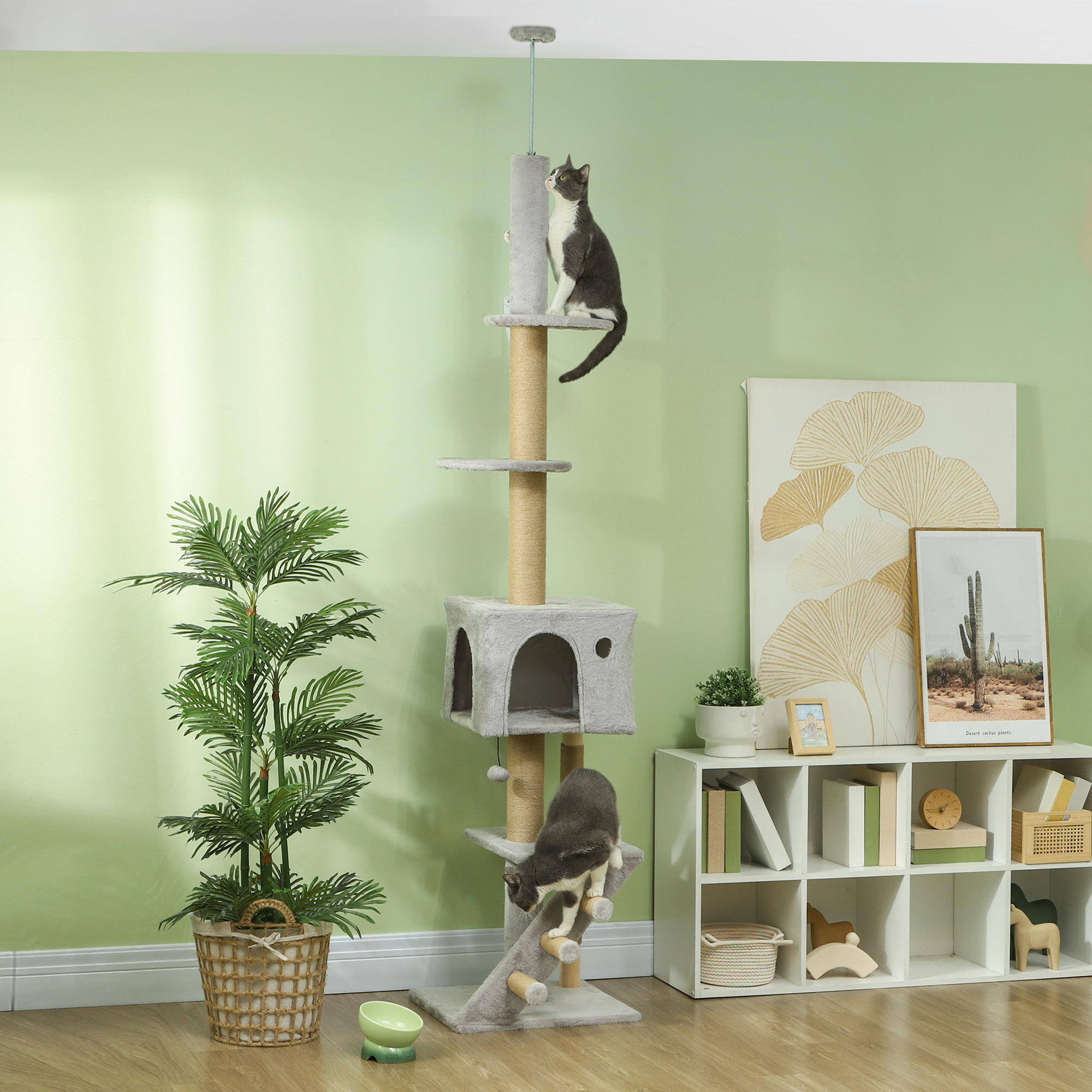 Árbol para Gatos de Suelo a Techo de 225-265 cm Árbol Rascador para Gatos con Altura Ajustable Múltiples Plataformas Escalera Bola Colgante Gris Claro