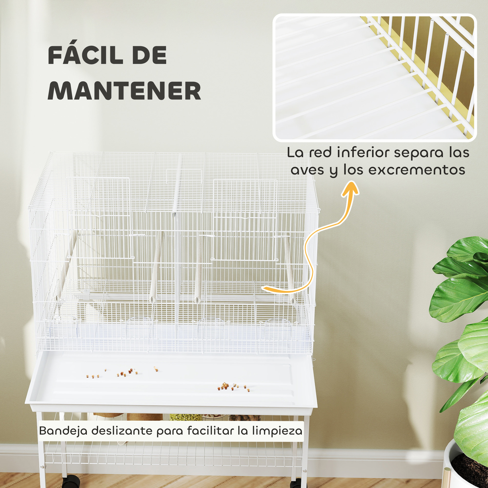 Jaula para Pájaros con Divisor Pajarera con Ruedas 4 Comederos 4 Perchas y Bandeja Extraíble Jaula para Loros Canarios Periquitos 76x46x116 cm Blanco