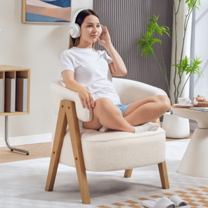 Butaca de Salón Tapizada en Borreguito, Sillón de Lectura Acolchado Grueso y Moderno, Asiento Ancho, Patas de Madera, Respaldo Curvado, para Dormitorio, Oficina, Blanco