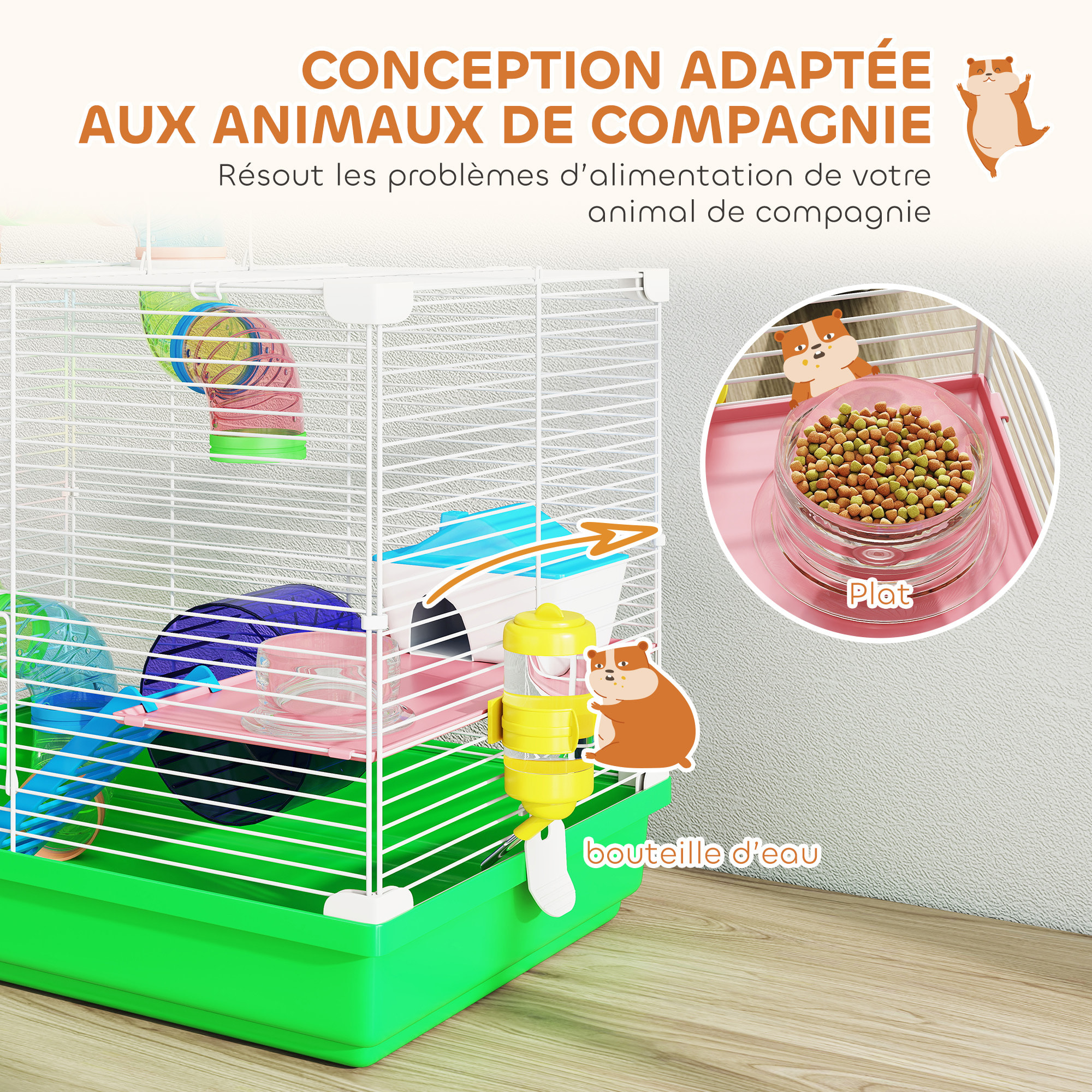 Cage à hamster 2 niveaux avec poignée - avec tunnel, biberon eau, roue, maisonnette, échelles - vert