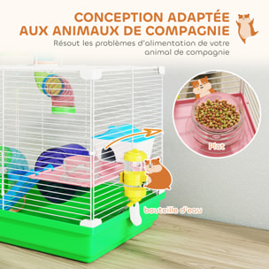 Cage à hamster 2 niveaux avec poignée - avec tunnel, biberon eau, roue, maisonnette, échelles - vert