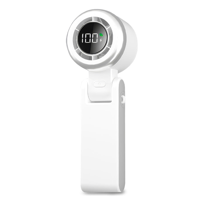 Ventilador portátil S1061 con 199 velocidades de regulación continua, pantalla LCD y visualización en tiempo real del nivel de batería. Incluye lanyard para colgar.