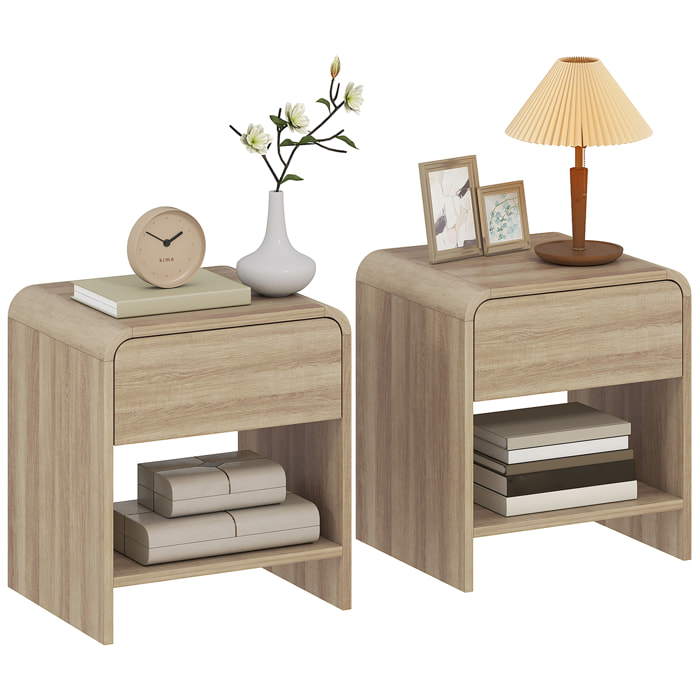 Juego de 2 Mesitas de Noche Nórdicas, Mesillas de Noche con Esquinas Redondeadas, Cajón y Estante Abierto, Mesita Auxiliar para Salón, Dormitorio, 40x35x45 cm, Natural