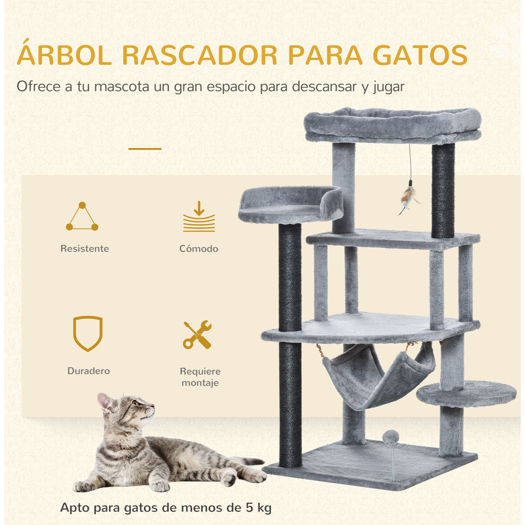 Árbol Rascador para Gatos 48x48x107 cm con Cueva de Fieltro Desmontable Hamaca Camas de Felpa Múltiples Plataformas Postes Rascadores de Sisal y Juguetes Gris