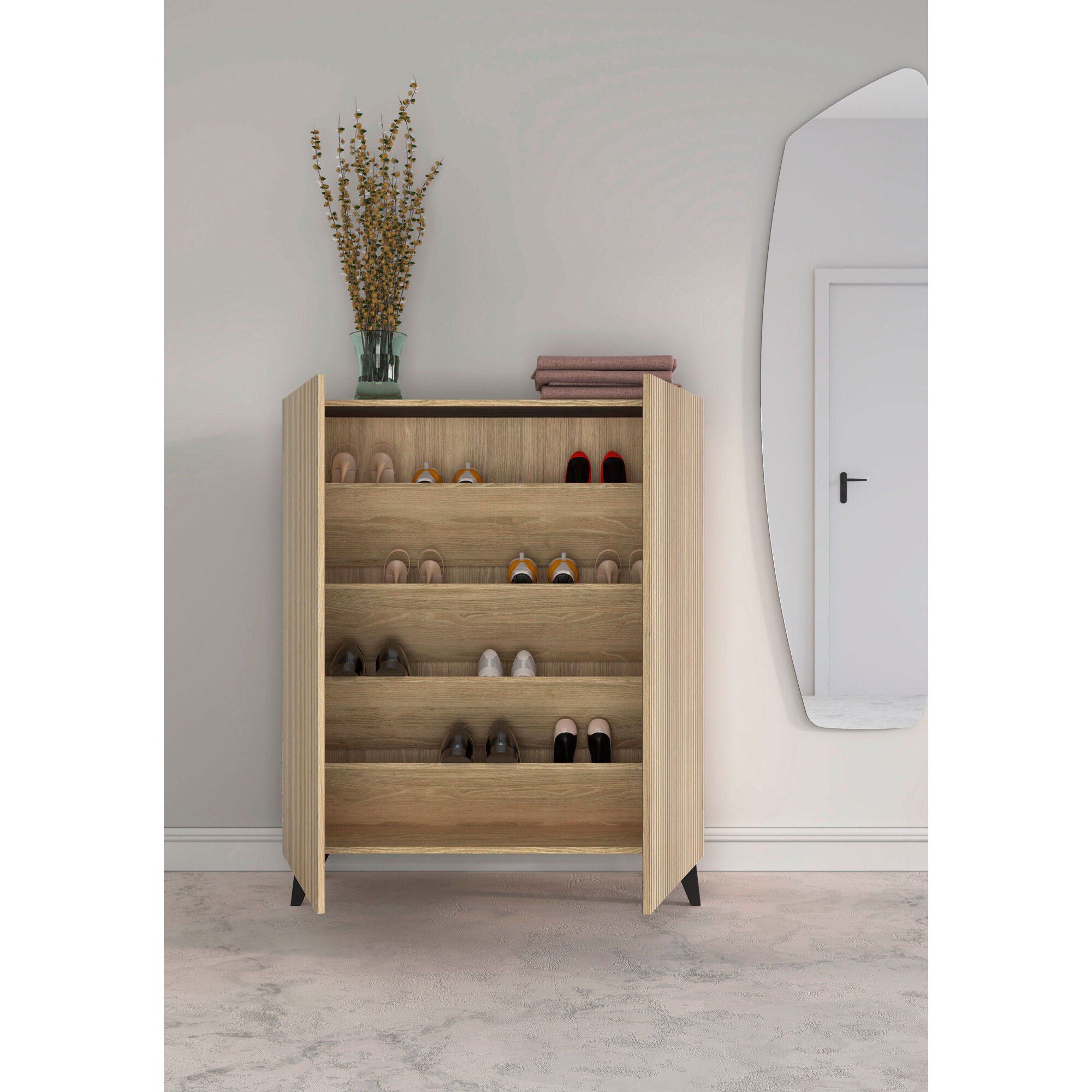 Zapatero Narvik melamina roble dorado puertas vallado patas negro 109x90x27cm