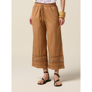 Oltre - Pantalones de muselina con inserto de encaje - Marrón