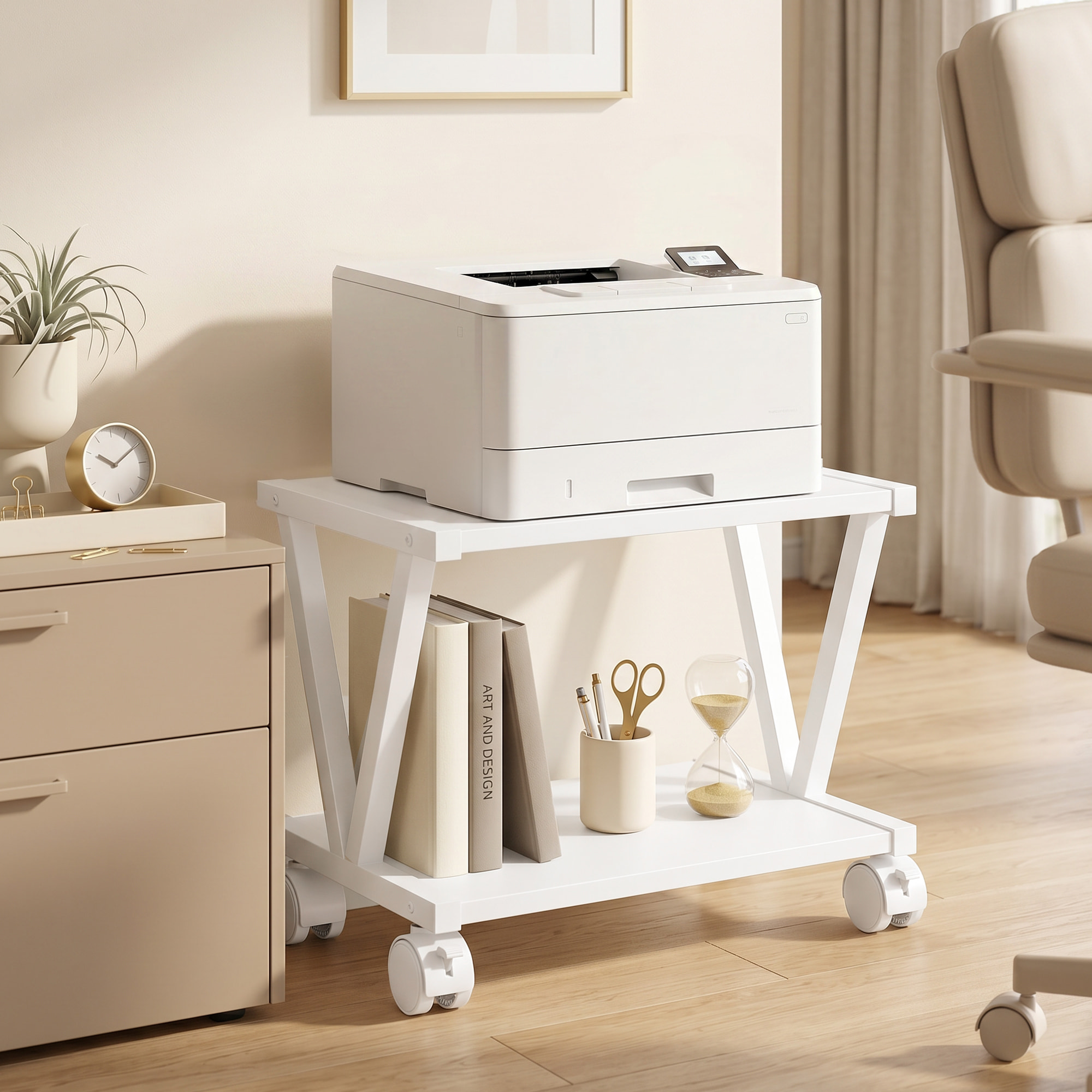 Soporte para Impresora de 2 Niveles con Ruedas Bloqueables, Mueble para Impresora con Marco Metálico en V, Estante Multiusos Bajo Escritorio para Oficina, Casa, Blanco