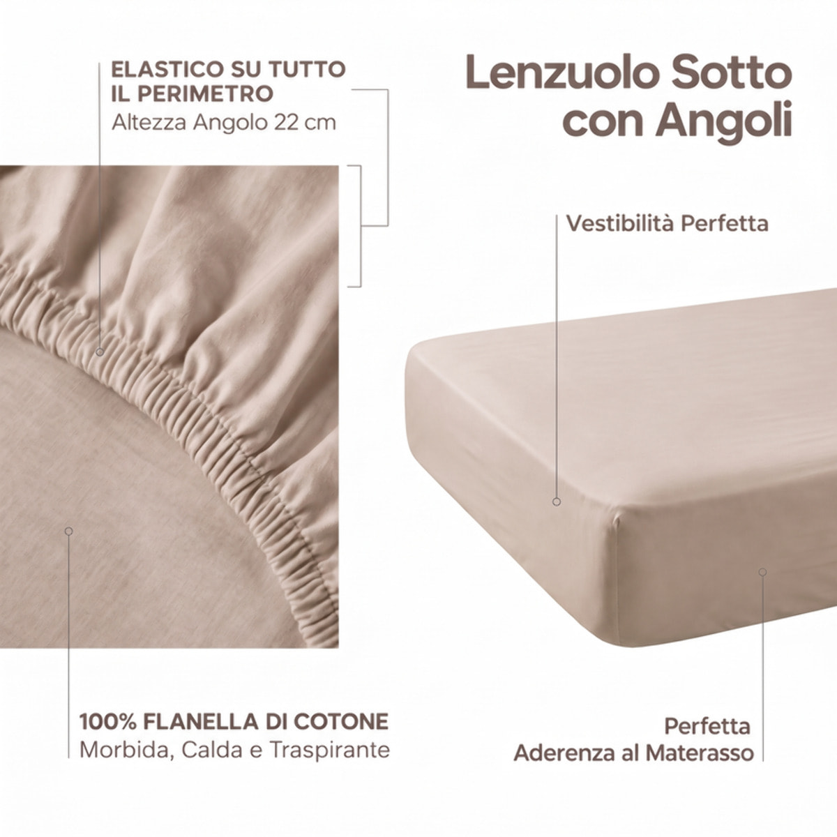 Lenzuolo sotto con angoli in flanella - Tortora
