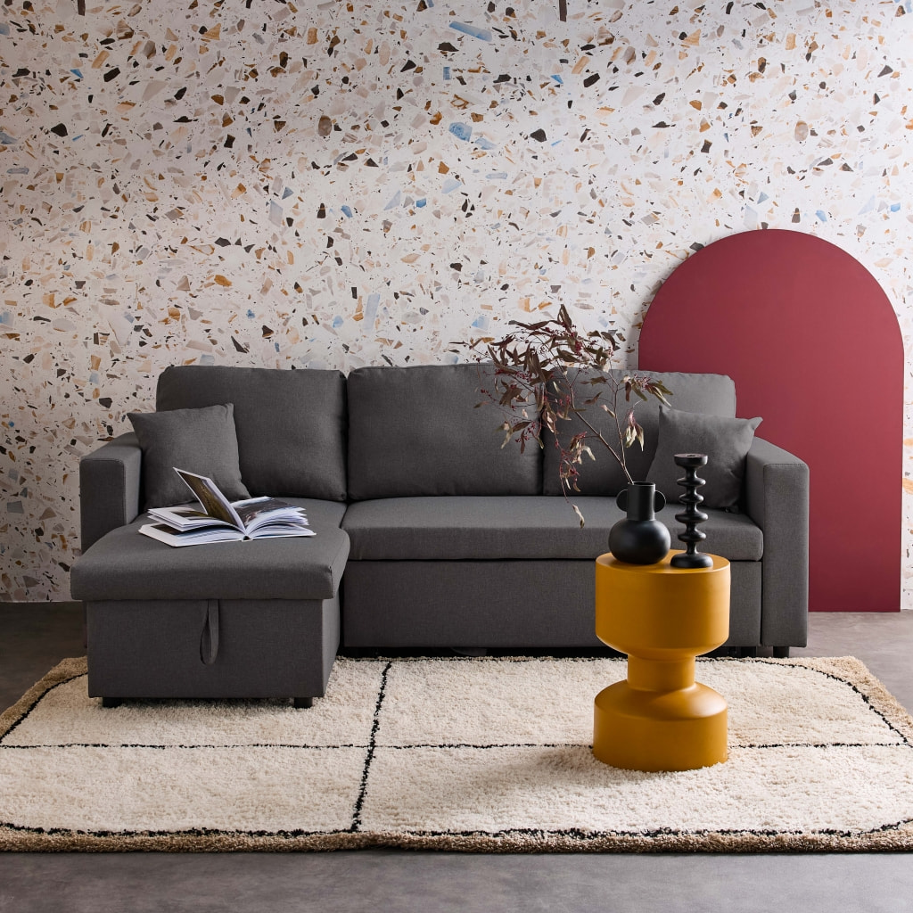 Canapé d'angle SMILE convertible réversible compact 3 places en tissu gris foncé. L 213.5 x P 136.5 x H 83cm. avec coffre de rangement