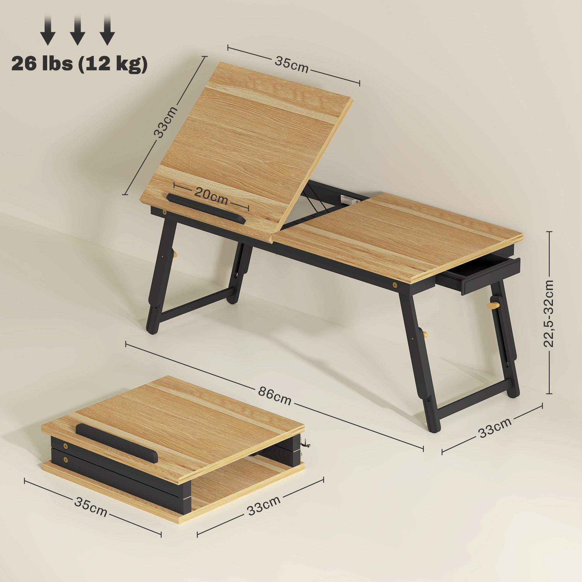Table de lit pliable réglable pour ordinateur - plateau inclinable, tiroir - bois bambou MDF noir