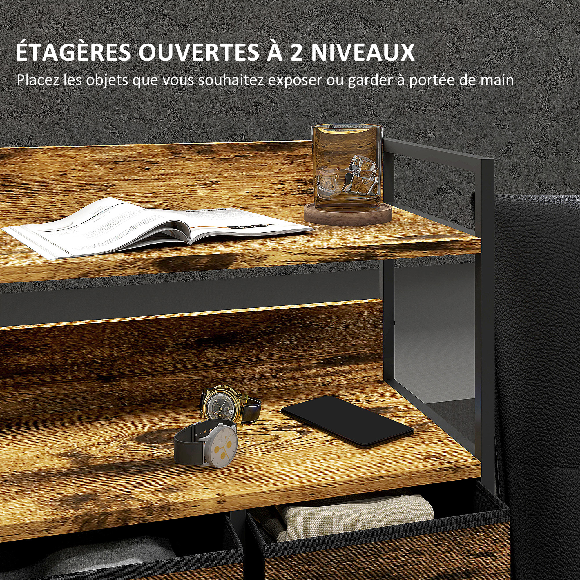 Commode style industriel - 7 tiroirs, 2 étagères - acier noir MDF non tissé effet bois vieilli