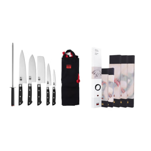 Le Set Nomade Complet 7 pièces Hashi Classic : 5 couteaux (office + petty + nakiri + santoku + gyuto) + étui 100% coton + fusil à aiguiser