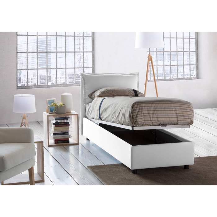 Letto singolo Gemma, Letto contenitore con rivestimento in tessuto, 100% Made in Italy, Apertura frontale, adatto per materasso Cm 80x200, Bianco