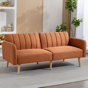 Canapé convertible 2 places design scandinave dossier inclinable 3 positions pieds bois tissu aspect lin ocre havane