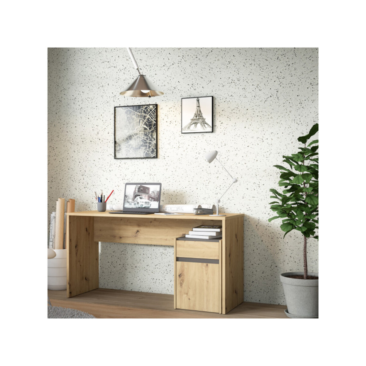 Bureau avec caisson amovible effet bois et gris foncé - L140 CM - KIARA
