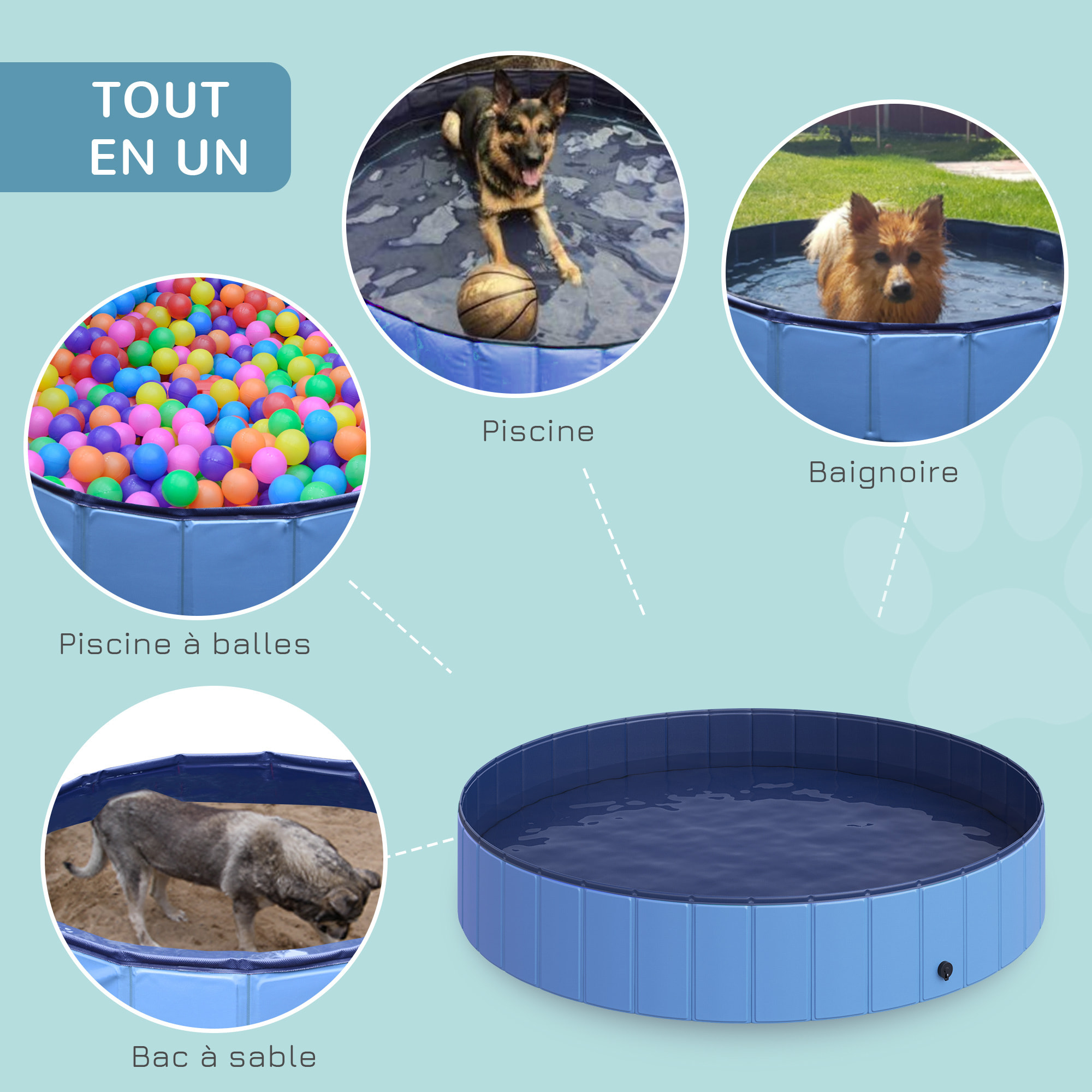 Piscine pour chien bassin PVC pliable anti-glissant facile à nettoyer diamètre 80 hauteur 20 cm bleu