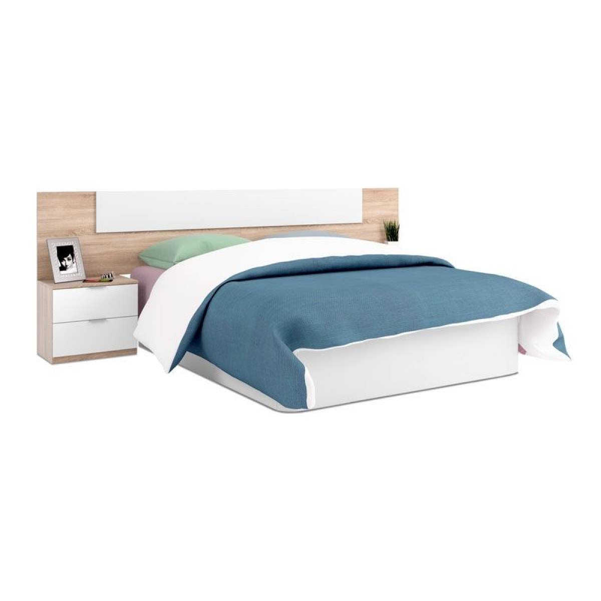 Cabecero para cama de 135-150 cm y 2 mesitas con cajones en blanco artik y roble canadian Luca Blanco Artik (Blanco Mate) - Roble Canadian