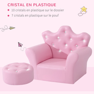 Ensemble fauteuil et pouf enfant design couronne de princesse - dossier et assise pouf avec boutons strass aspect cristaux - structure bois revêtement synthétique PVC rose