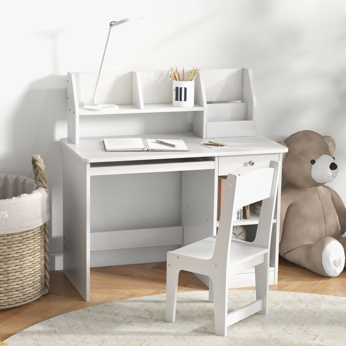 Bureau enfant multi-rangement - ensemble bureau, chaise, étagère - tiroir, plateau coulissant, 2 niches, 2 étagères, 2 présentoirs livres - blanc