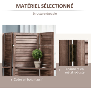 Paravent intérieur 4 panneaux 3 étagères pliables séparateur de pièce portes persiennes bois de paulownia aspect acajou foncé