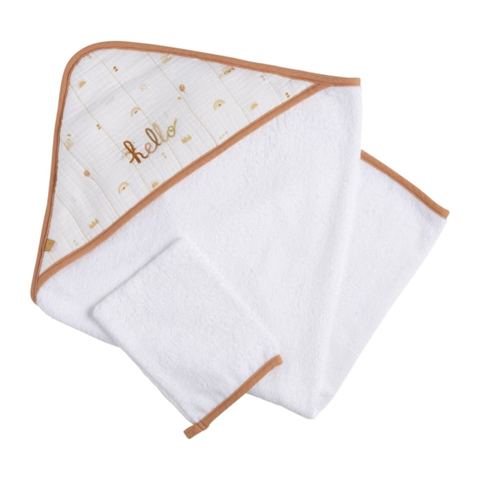 Cape de bain et gant en coton blanc