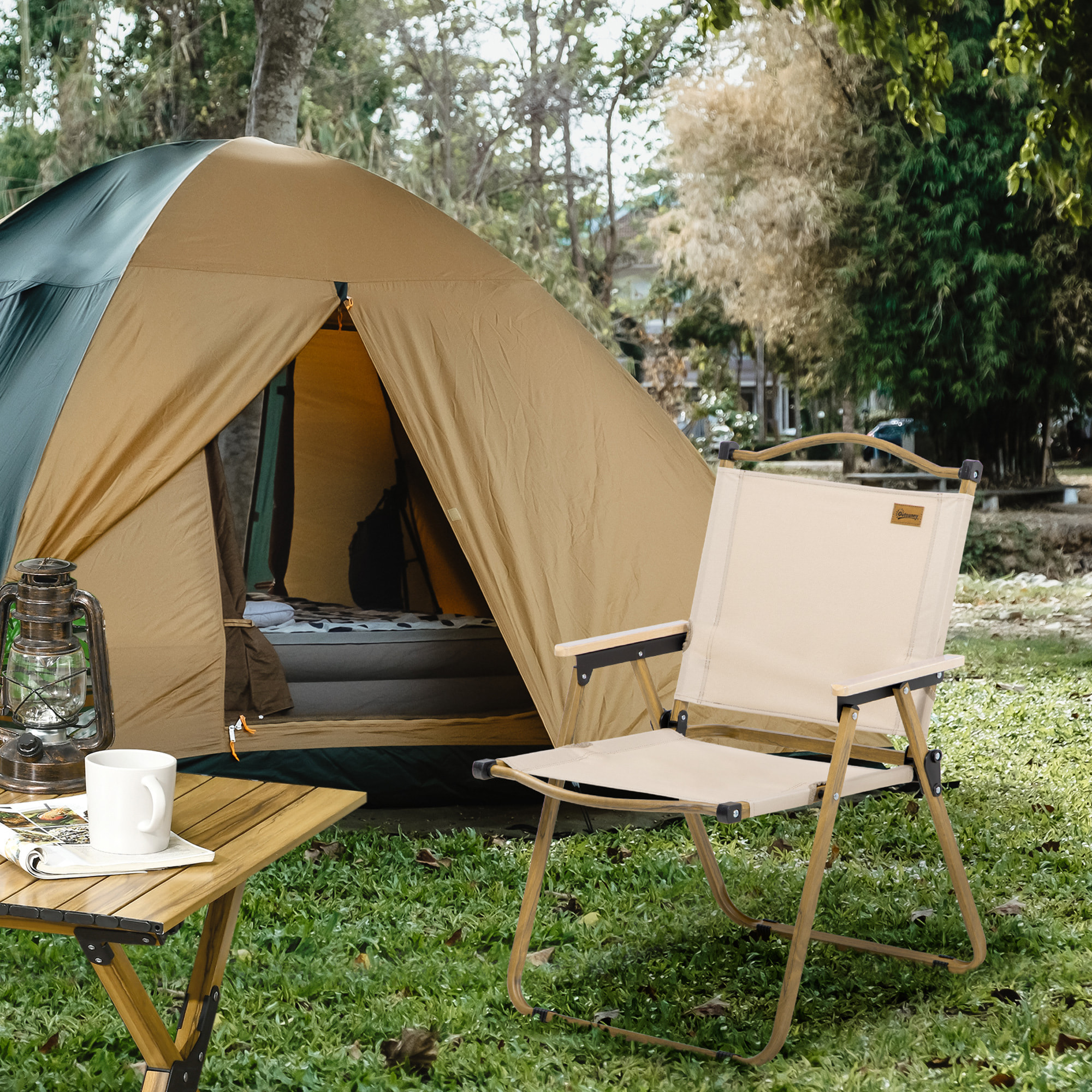 Chaise de plage camping pliante - poignée - structure acier aspect bois oxford beige
