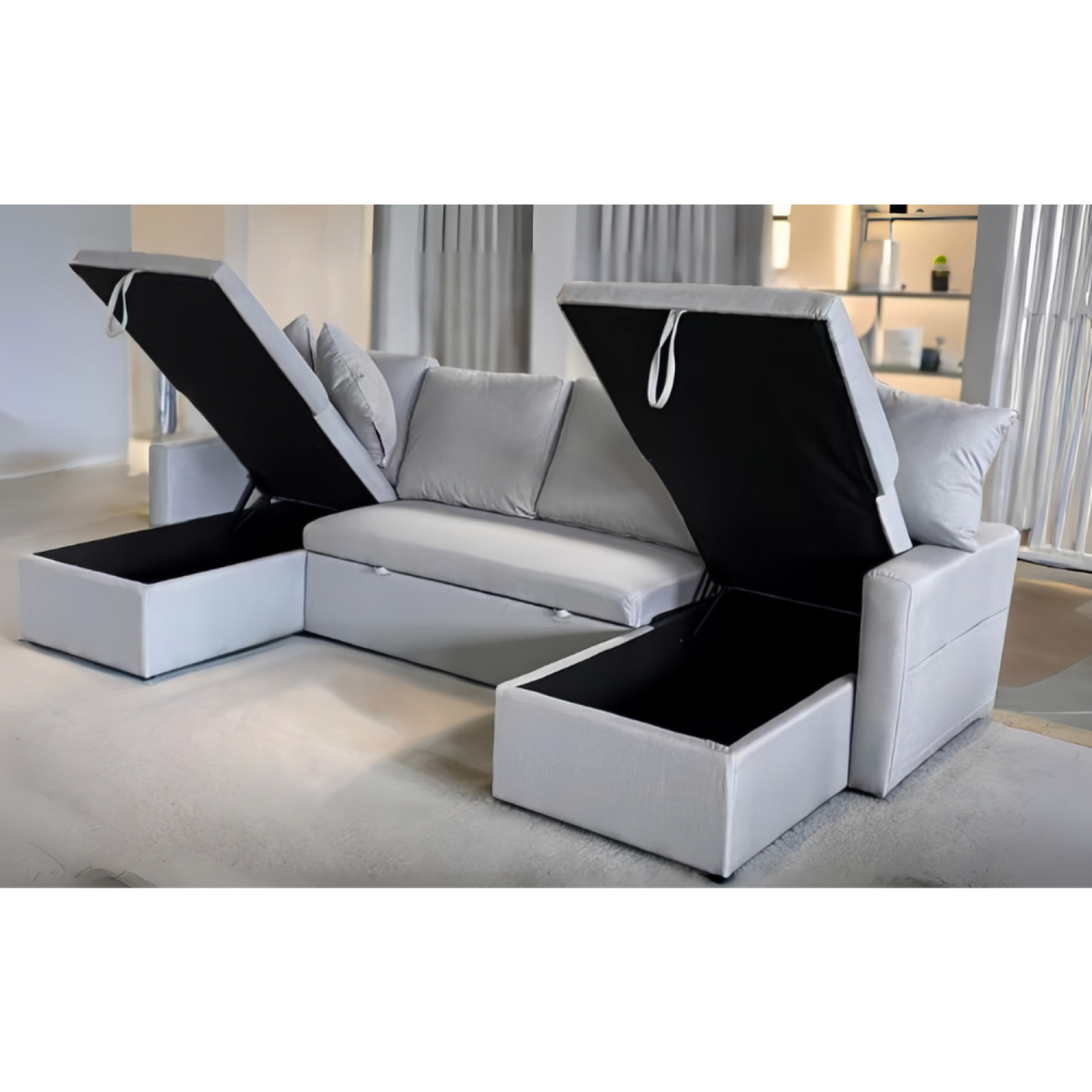 ELLA - Canapé panoramique convertible 4 places en tissu avec coffre - gris clair