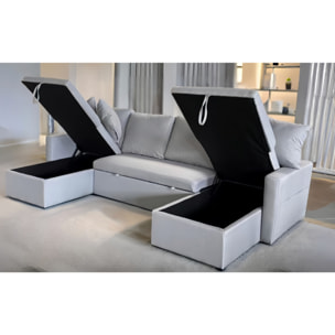 ELLA - Canapé panoramique convertible 4 places en tissu avec coffre - gris clair