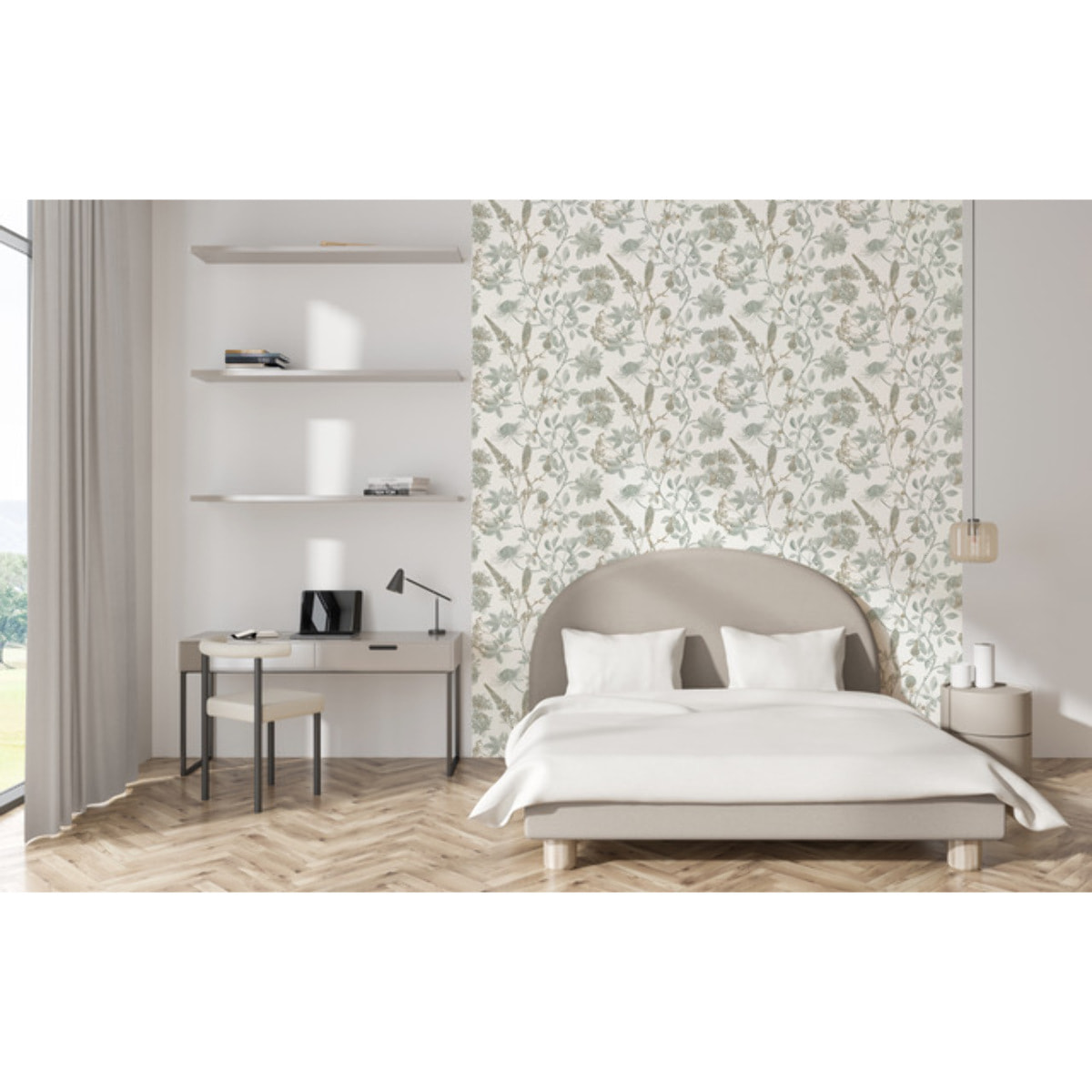 Papier peint floral botanique vert sauge fond blanc