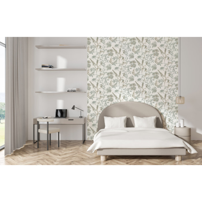 Papier peint floral botanique vert sauge fond blanc