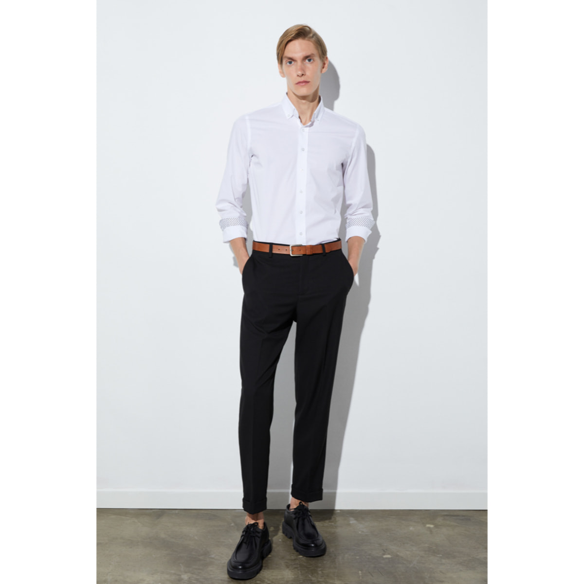 camicia uomo 1 bottone button down slim Popeline Stretch Unito Bianco