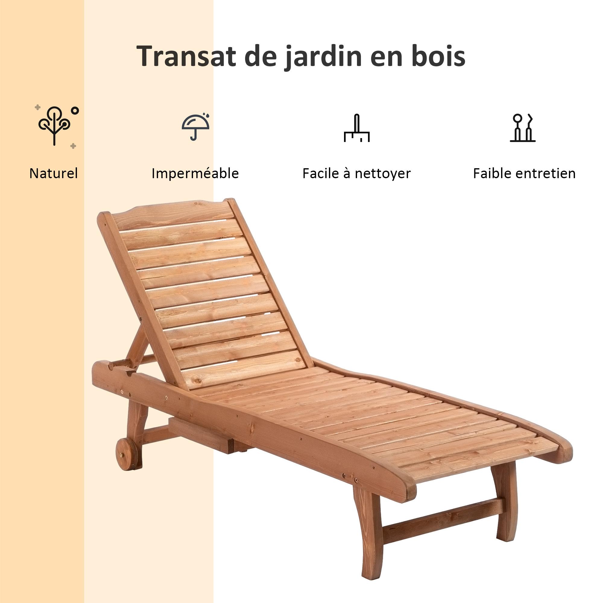 Bain de soleil transat style colonial dossier réglable 3 positions roulettes tablette support bois sapin pré-huilé