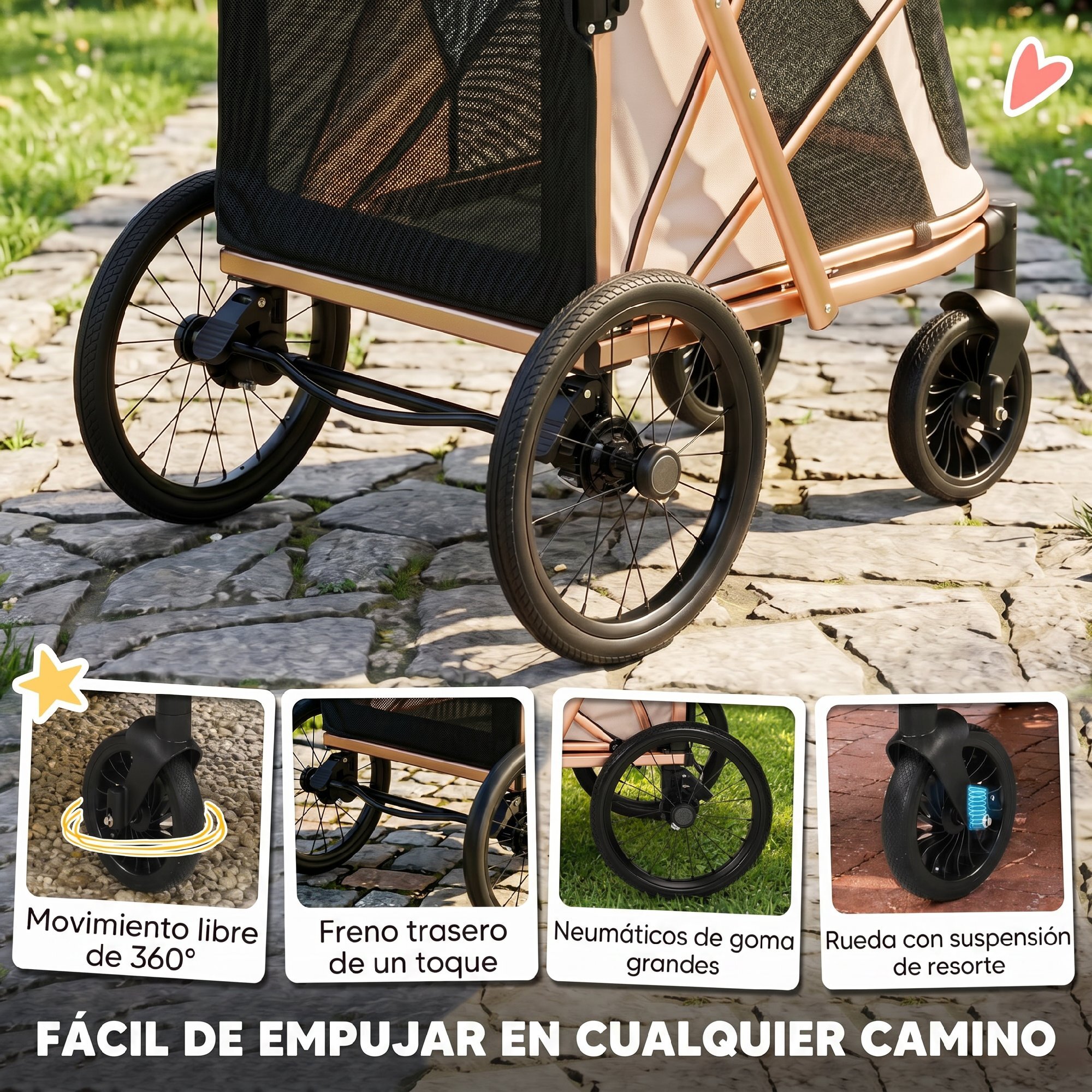 Carrito para Perros Plegable hasta 20 kg, Cochecito para Perros Medianos con Ruedas Grandes de Goma, Suspensión y Freno, Ventanas de Malla, Marco de Aluminio, Cojín, Correas, Marrón Claro